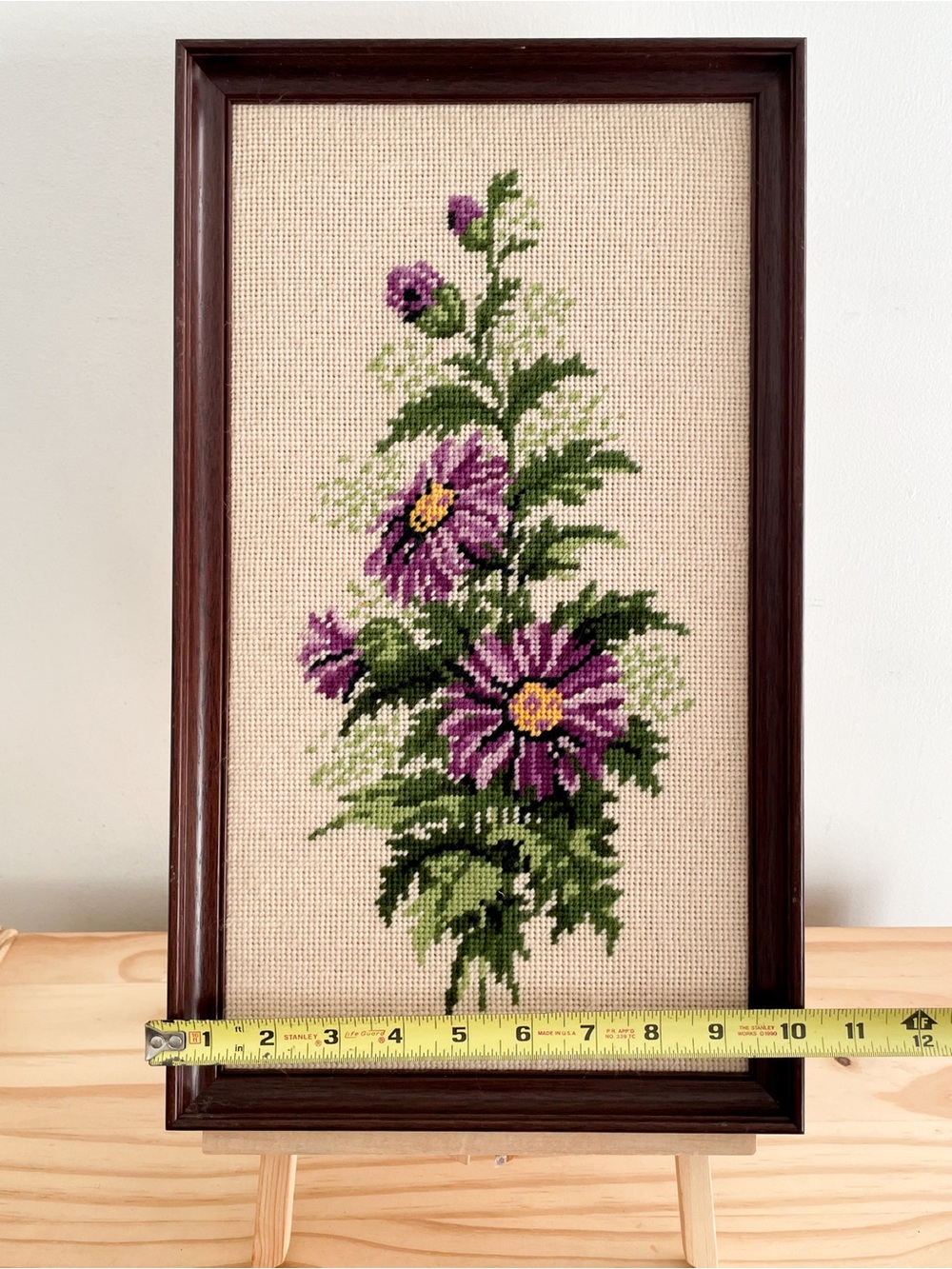 Vintage Framed Needlepoint Purple Aster Flowers Floral Botanical Wall Art - Picture 6 of 7